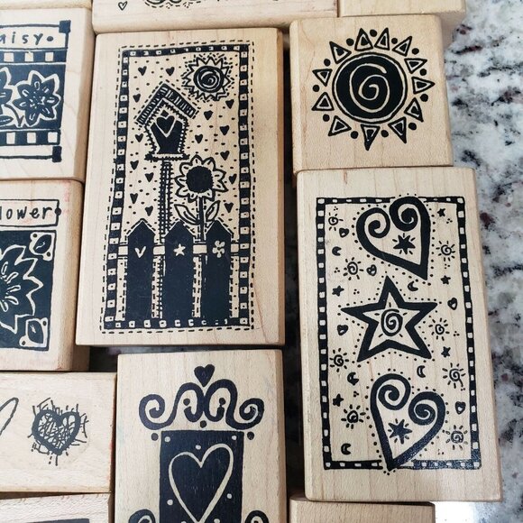 A Stamp In The Hand Co Wood Backed Rubber Stamp Lot Hearts Flowers Coffee Sun - Picture 4 of 10